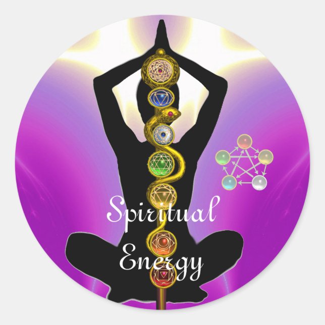 Sticker Rond RODE D'ASCLEPIUS 7 CHAKRAS, YOGA LOTUS POSE rose (Devant)
