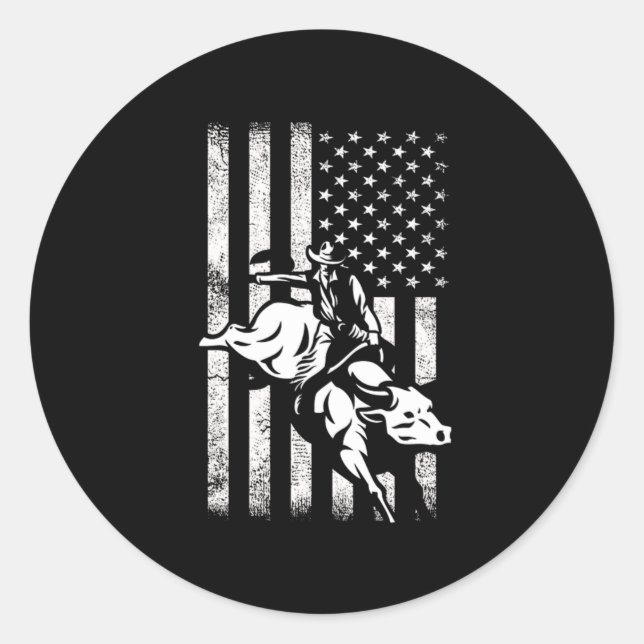 Sticker Rond Rodeo USA Drapeau Bull Rider Cowboy Country Gi (Devant)