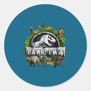Sticker Rond Roh je suis 4 Joyeux Anniversaire 4 ans T Rex Dino