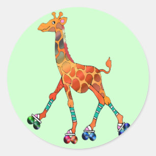 Sticker Rond Roller Sking Giraffe
