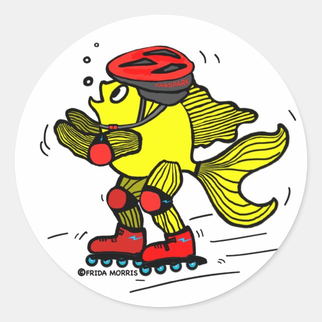 Sticker Rond Rollerblade Fish drôle Caricature de patinage (Devant)
