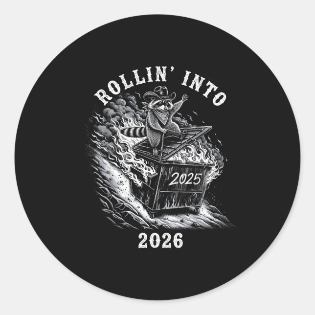 Sticker Rond Rollin' Into 2026 Funny Cowboy Raccoon Happy New Y (Devant)
