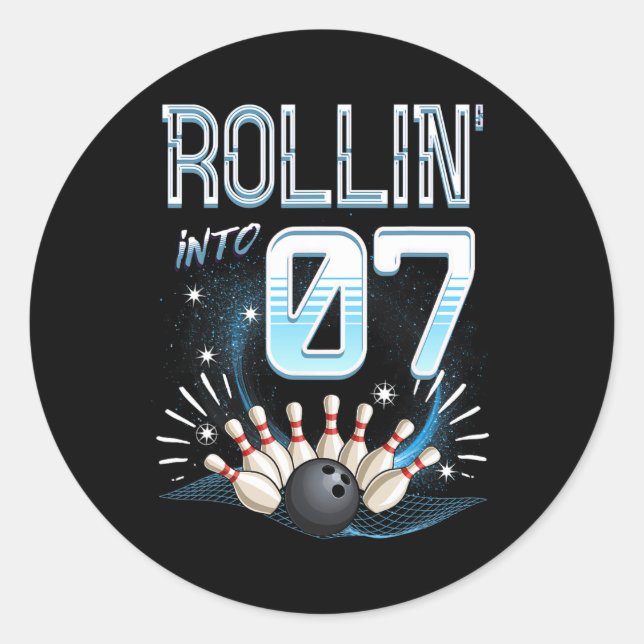 Sticker Rond Rollin' Into 7 Bowling Anniversaire 7e Bowler Anni (Devant)