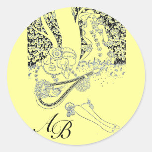 STICKER ROND ROMANCE, AMOUREUX ROMANTIQUES MONOGRAMME JAUNE NOI