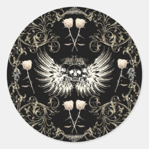 Sticker Rond Romance gothique victorien crâne ailes et roses bl