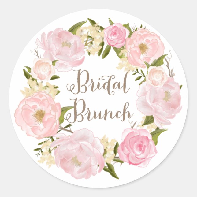Sticker Rond Romantic Blush Pink Peonies Wreath Bridal Brunch (Devant)