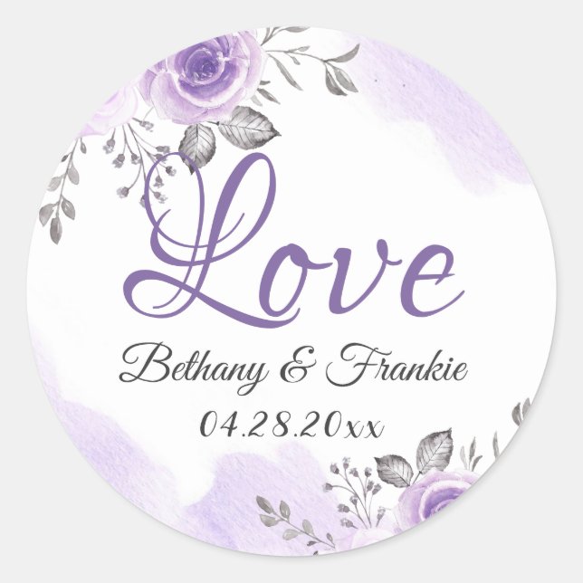 Sticker Rond Romantic Chic Pastel Purple Floral Love Script (Devant)