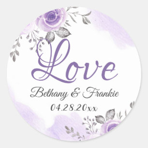 Sticker Rond Romantic Chic Pastel Purple Floral Love Script