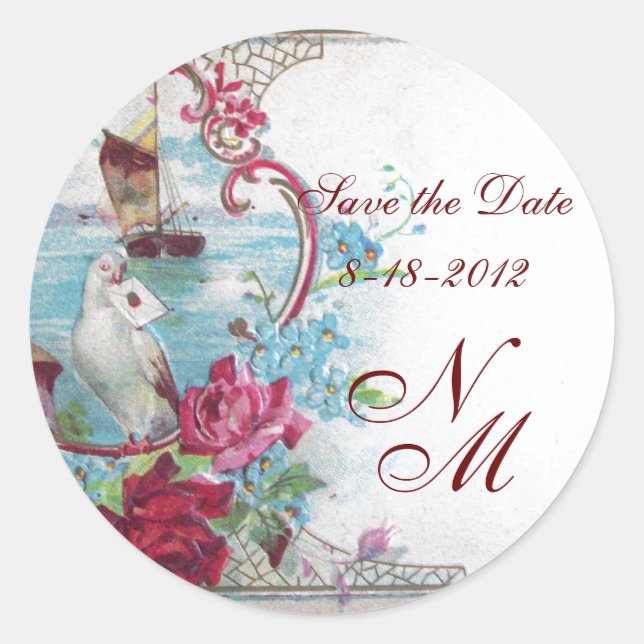 Sticker Rond ROMANTICA MONOGRAM, Enregistrer la date, blanc (Devant)
