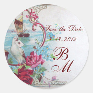 Sticker Rond ROMANTICA MONOGRAM, Enregistrer la date, blanc