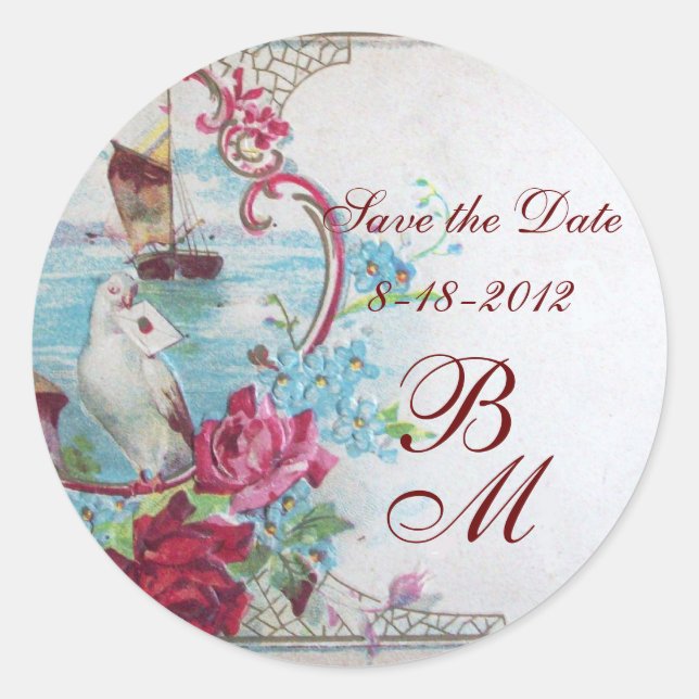 Sticker Rond ROMANTICA MONOGRAM, Enregistrer la date, blanc (Devant)