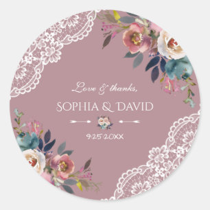 Sticker Rond Romantique Dusty bleu Dusty Rose Fleurs Mariage
