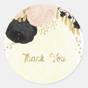 Sticker Rond Romantique noir & rose fleurs or mariage
