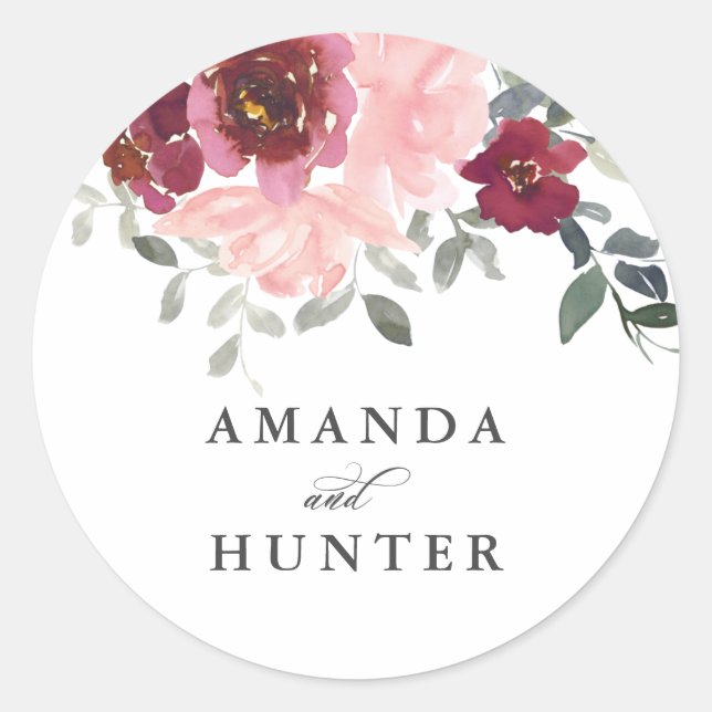 Sticker Rond Romantique rose et bourgogne Floral mariée et mari (Devant)