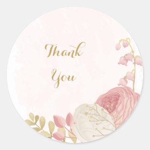 Sticker Rond Romantique rose & fleurs blanches or mariage