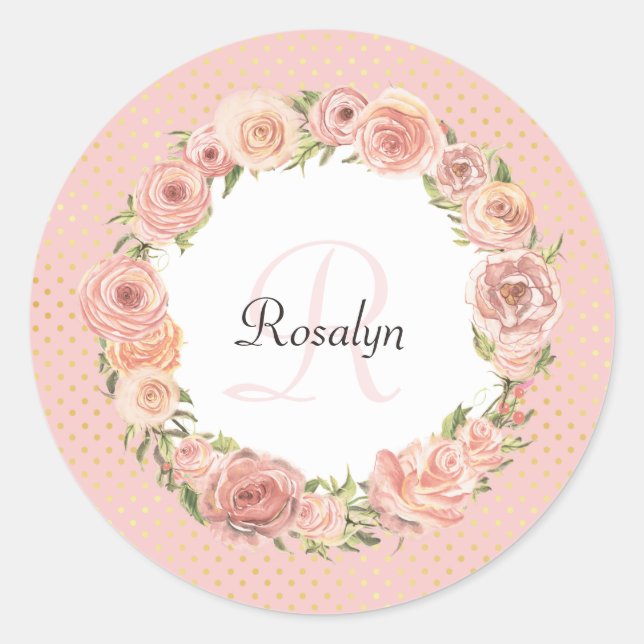 Sticker Rond Romantique rose pointillé Rose Floral Nom Monogram (Devant)