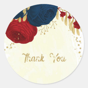 Sticker Rond Romantique rouge foncé & bleu marine fleurs or mar