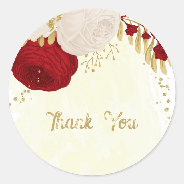 Sticker Rond Romantique rouge foncé & fleurs blanches or mariag (Devant)