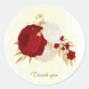 Sticker Rond Romantique rouge foncé & fleurs blanches or mariag