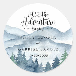 Sticker Rond Romantique Rustique Aquarelle Montagnes Arbres Mar