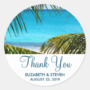 Sticker Rond Romantique Turquoise Tropical Beach Mariage Merci