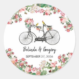Sticker Rond Romantique Vintage Vélo Fleurs & Oiseaux Mariage
