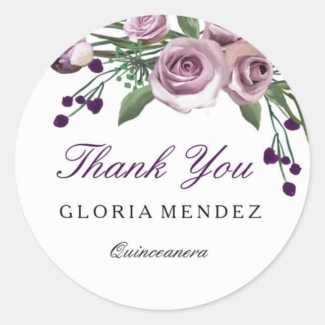 Sticker Rond Romantique violet Rose Quinceanera Merci autocolla (Devant)