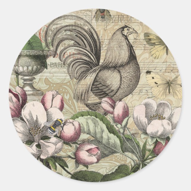 Sticker Rond Rooster Garden Flower Papillon Art (Devant)