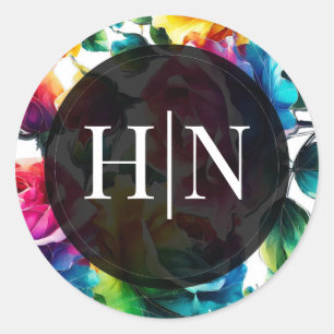 Sticker Rond Rose arc-en-ciel noir et blanc Mariage floral vif