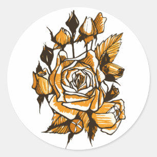 Sticker Rond Rose, art floral graphique, fleurs roses fleuries