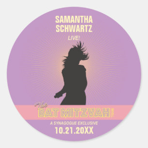 Sticker Rond Rose Autocollant-Pourpre de bat mitzvah de vedette