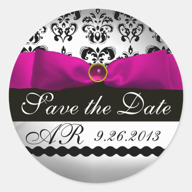 Sticker Rond ROSE BLANC DAMASK RIBBON MONOGRAM Violet Fuchsia (Devant)