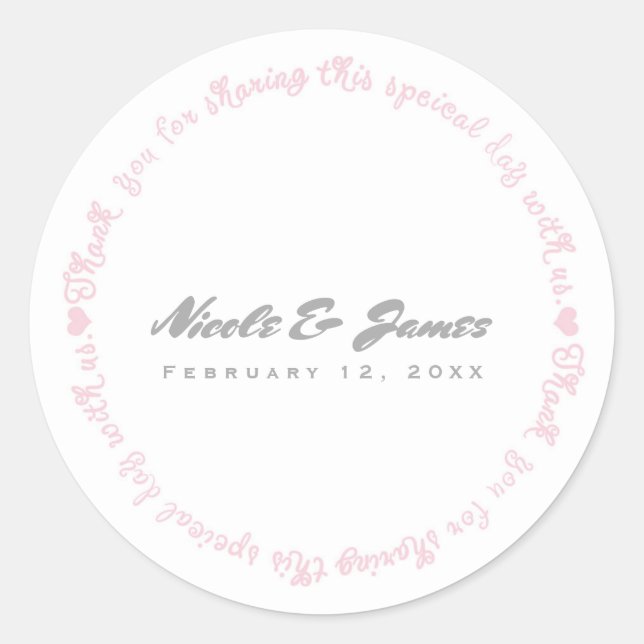 Sticker Rond Rose & Blanc Moderne Chic Merci Mariage Faveur (Devant)