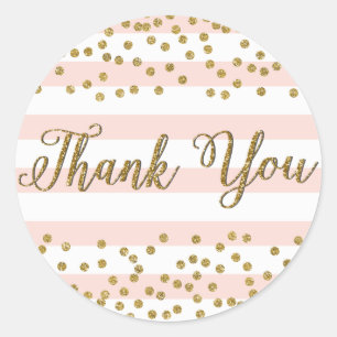 Sticker Rond Rose Blanc Rayure Or Confettis Remerciement