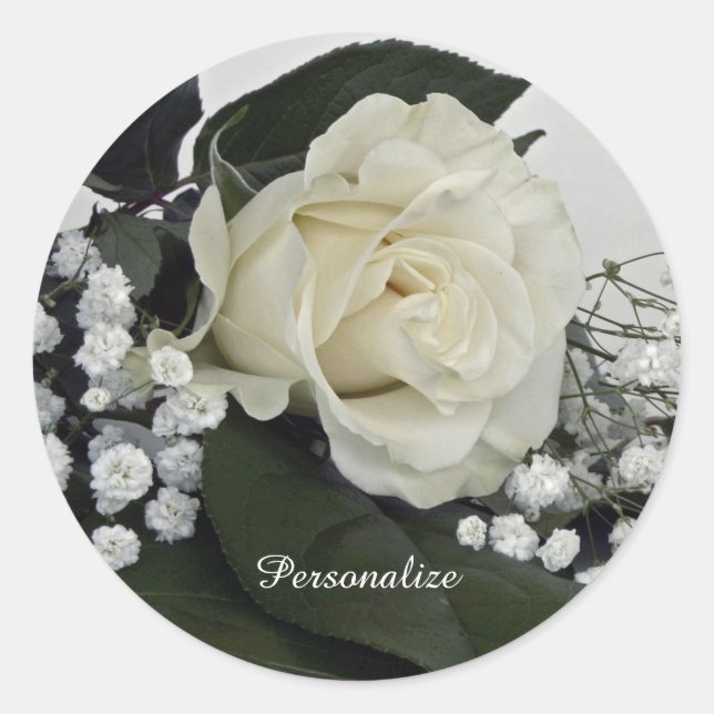 Sticker Rond Rose blanche élégante et romantique personnalisée (Devant)