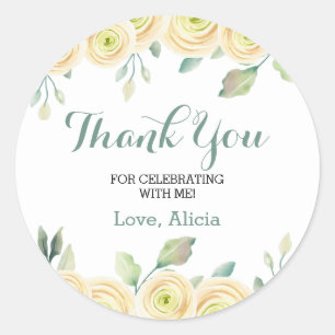 Sticker Rond Rose blanche Eucalyptus Flora Merci d'anniversaire