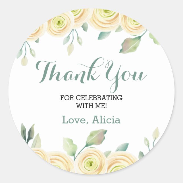 Sticker Rond Rose blanche Eucalyptus Flora Merci d'anniversaire (Devant)