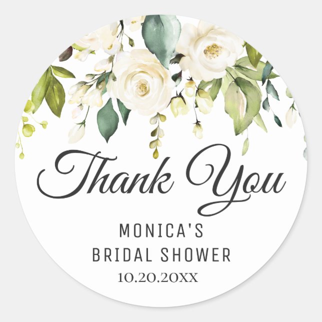 Sticker Rond Rose blanche Floral Fête des mariées Merci (Devant)