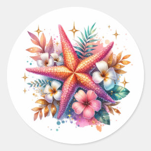 Sticker Rond Rose, Bleu et Étoile de Mer Côtière Dorée