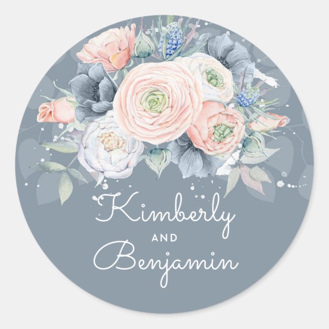 Sticker Rond Rose bleu et quartz  Floral Mariage (Devant)