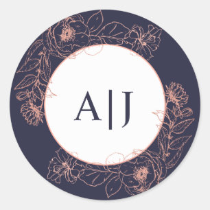 Sticker Rond Rose bleu foncé or Floral Mariage Monogramme