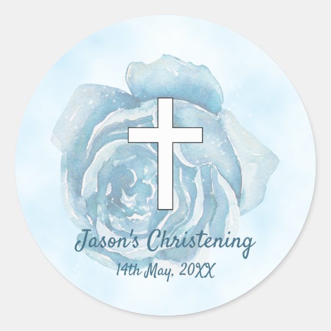 Sticker Rond Rose bleu scintillant garçon Christening (Devant)
