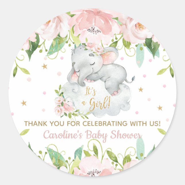 Sticker Rond Rose Blush Floral Baby Elephant Merci Favoriser (Devant)