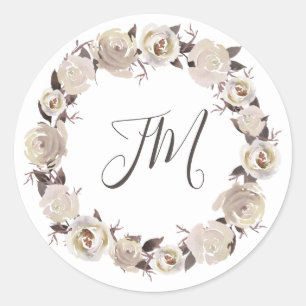 Sticker Rond Rose crémeux Mariage de monogramme de couronne fle