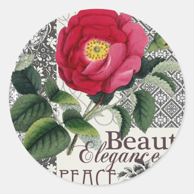 Sticker Rond Rose Damask Joli Floral Antique (Devant)