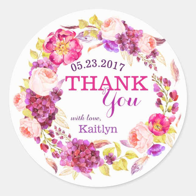 Sticker Rond Rose d'aquarelle Hydrangea Merci de couronne de fl (Devant)