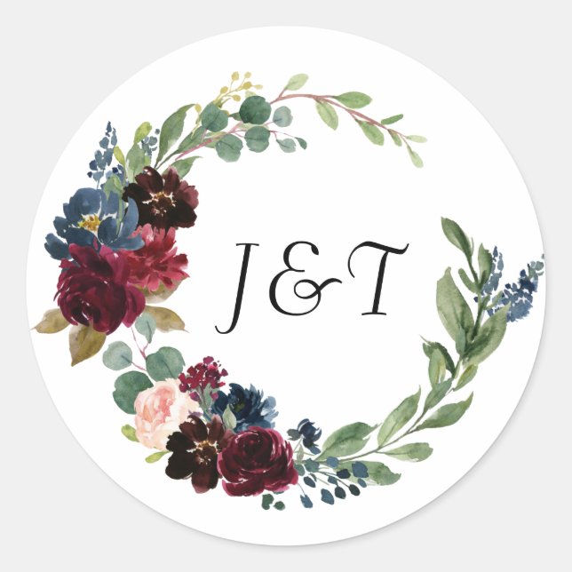 Sticker Rond Rose de la marine Bourgogne Mariage floral Monogra (Devant)
