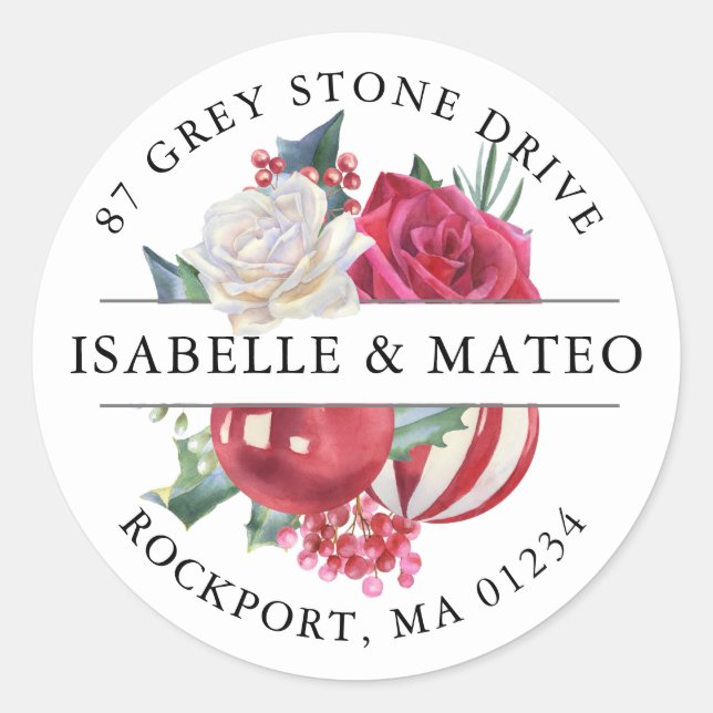 Sticker Rond Rose de Noël Floral Adresse de retour Label (Devant)