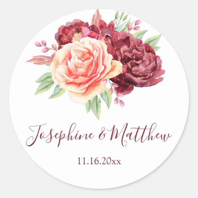 Sticker Rond Rose de Pêche de Bourgogne Aquarelle Mariage Flora (Devant)