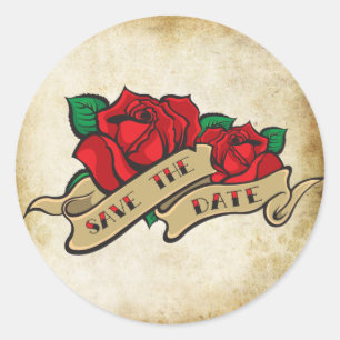 Sticker Rond Rose de tatouage Rockabilly Enregistrer la date Ma